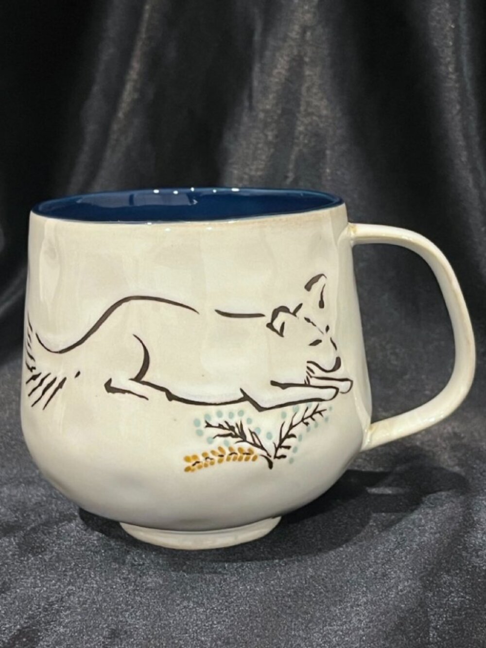Anthropologie Hand Painted Resting Fox Ceramic Coffee Mug Blue Interior